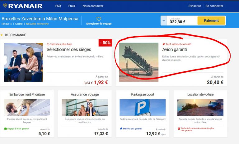 Ryanair propose désormais une option à 20€ pour garantir d&rsquo;avoir un vol