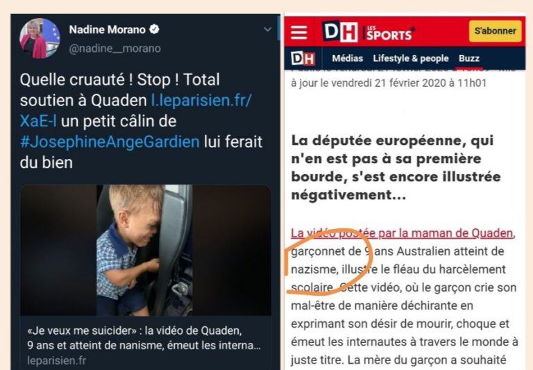 Nadine Morano retire son soutien au petit Quaden, il n’est finalement pas atteint de nazisme.