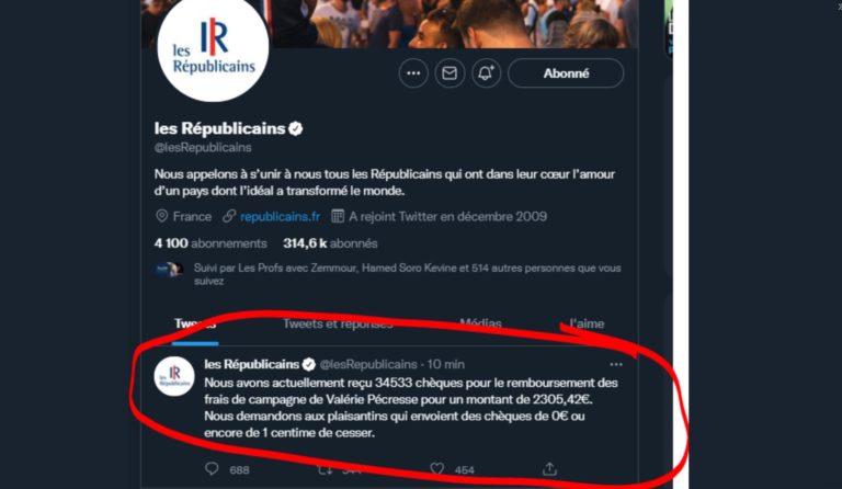 Les Républicains ont reçu 34533 chèques pour 2305,42€ pour remboursement des frais de campagne de Pecresse