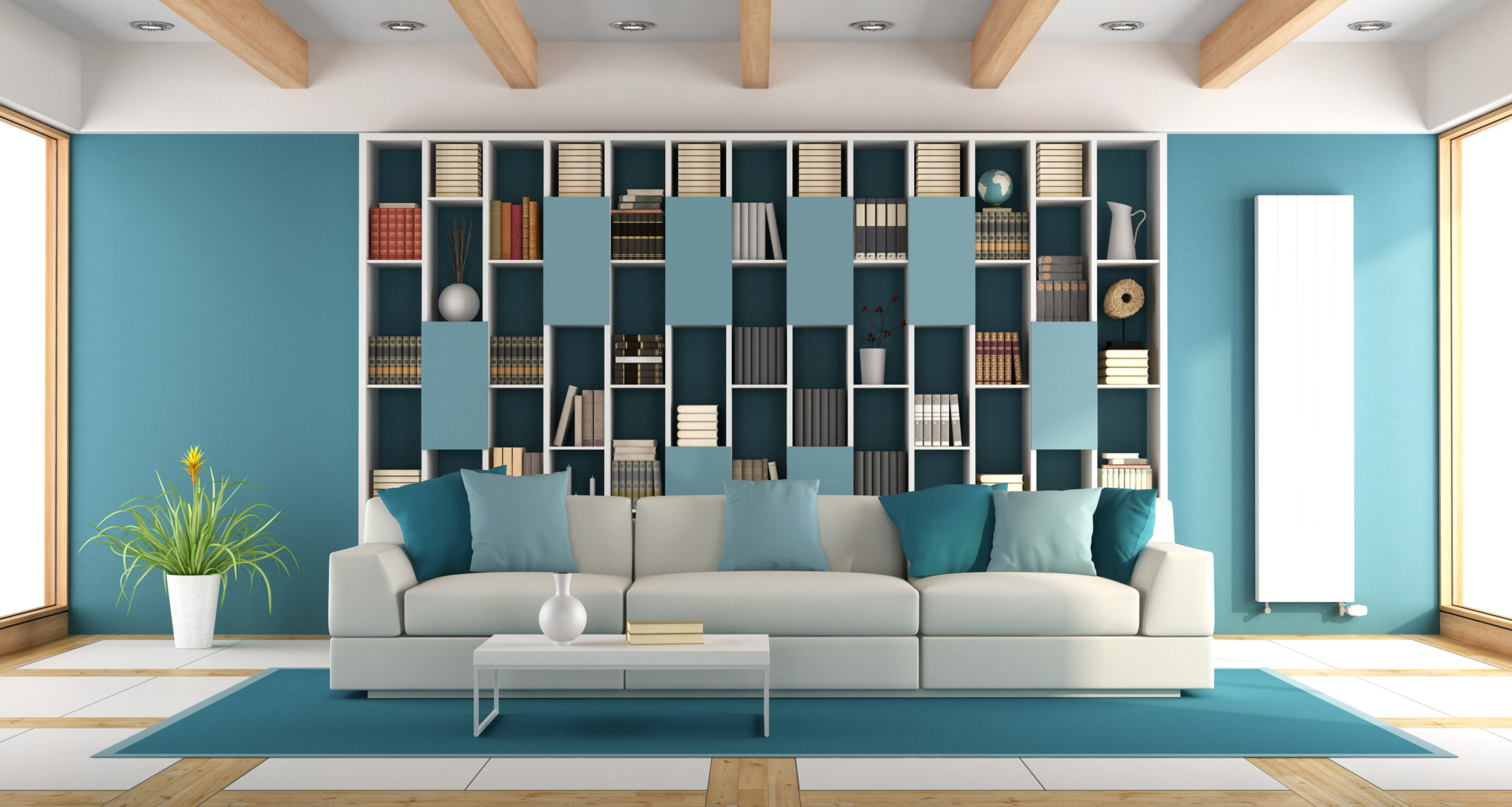 White and blue large living room with bookcase and sofa – 3d rendering