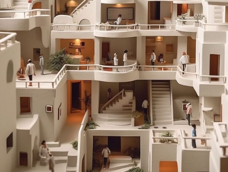 Un agent immobilier se perd dans un labyrinthe de maisons miniatures lors d&rsquo;une exposition d&rsquo;architecture