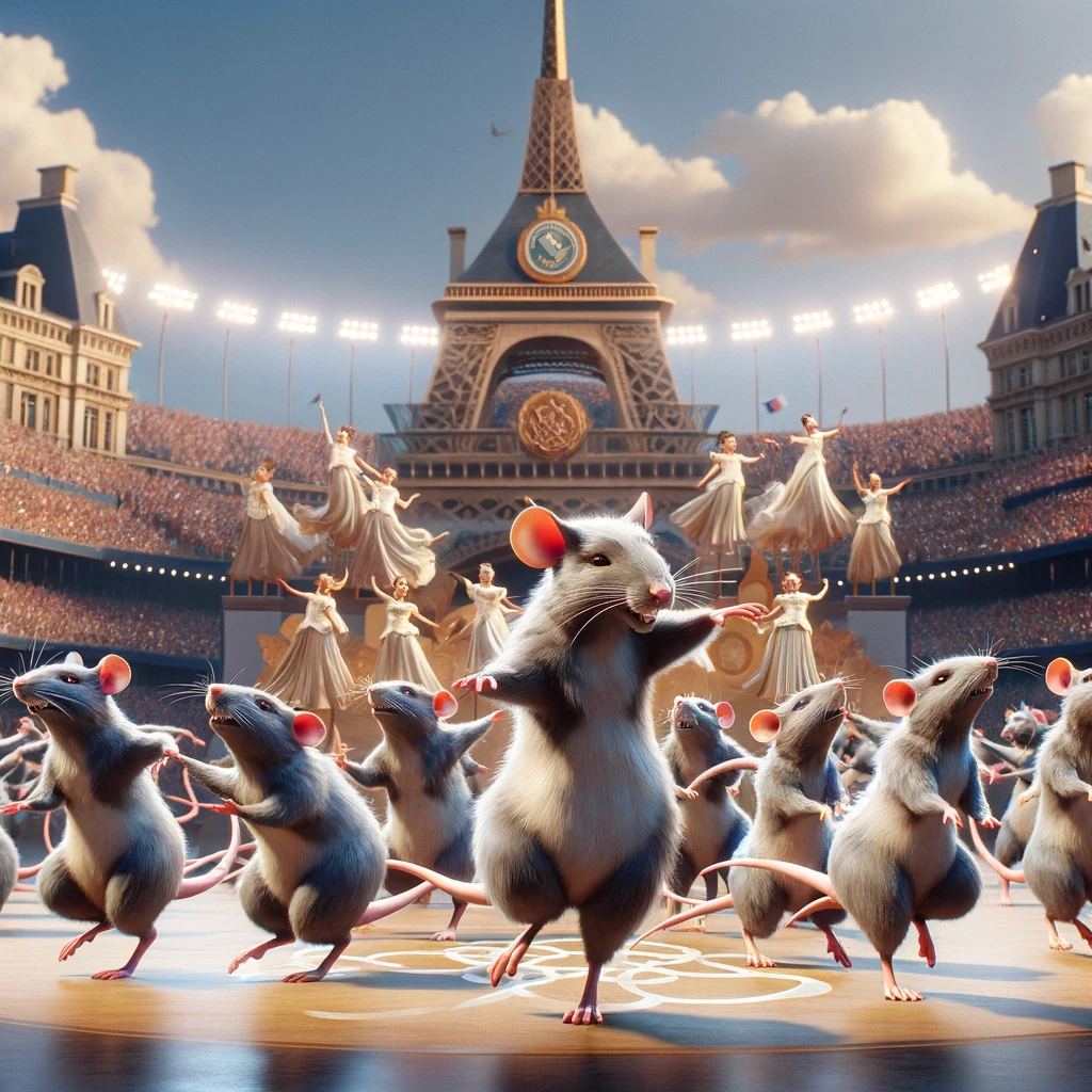 DALL·E 2024 02 15 16.10.13 A Grand Opening Ceremony Featuring A Ballet Of Rats In Elegant Formations Celebrating Them As The Official Mascots Of The Paris 2024 Olympics. The Sc.webp