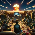 DALL·E 2024-02-29 07.48.26 – A captivating and wide-format illustration that humorously combines the love for cinema with the tension of wartime. The scene depicts a group of film