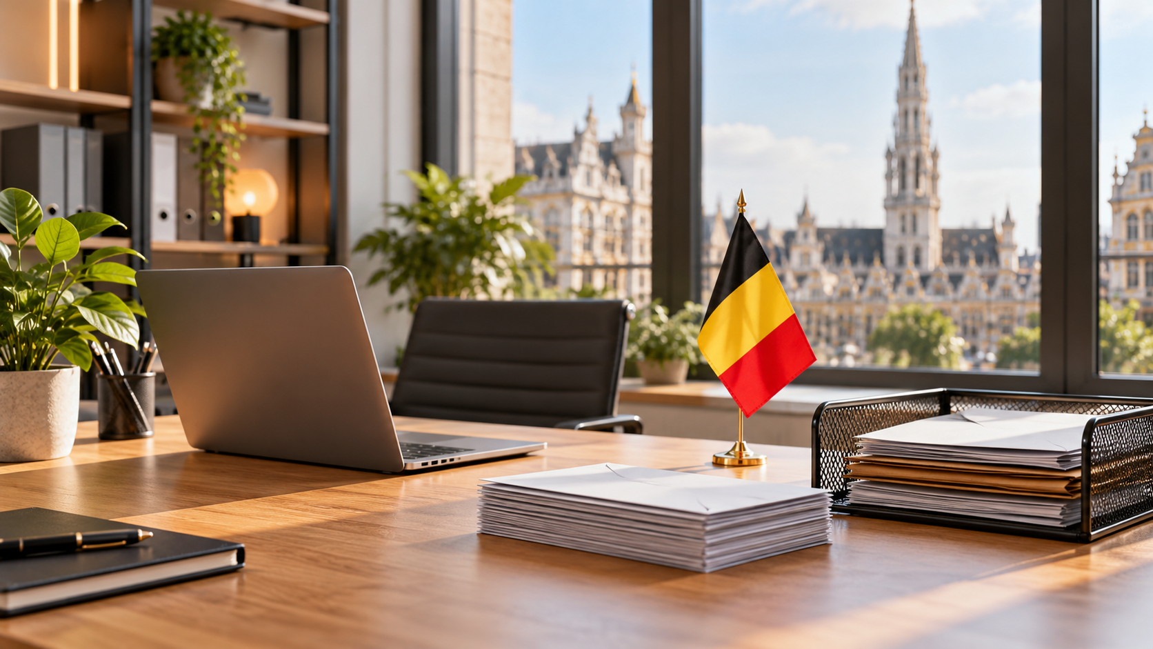 Bureau lumineux à Bruxelles avec ordinateur, courrier et drapeau belge, illustration de la domiciliation d’entreprise.